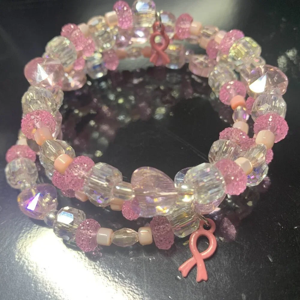 Pink Beaded Awareness Bracelet Set with Ribbon Charm - Picture 1 of 3